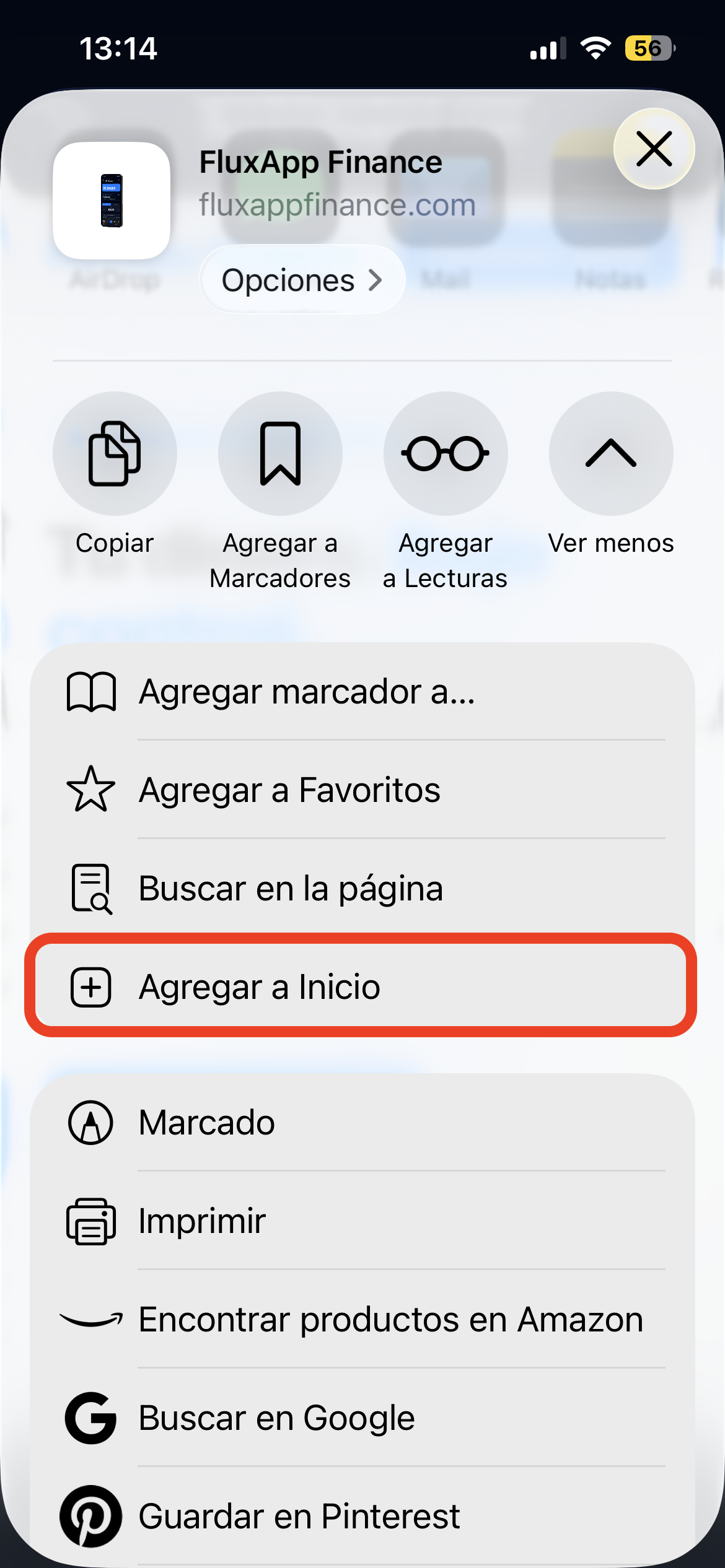 "Agregar a inicio" resaltado
